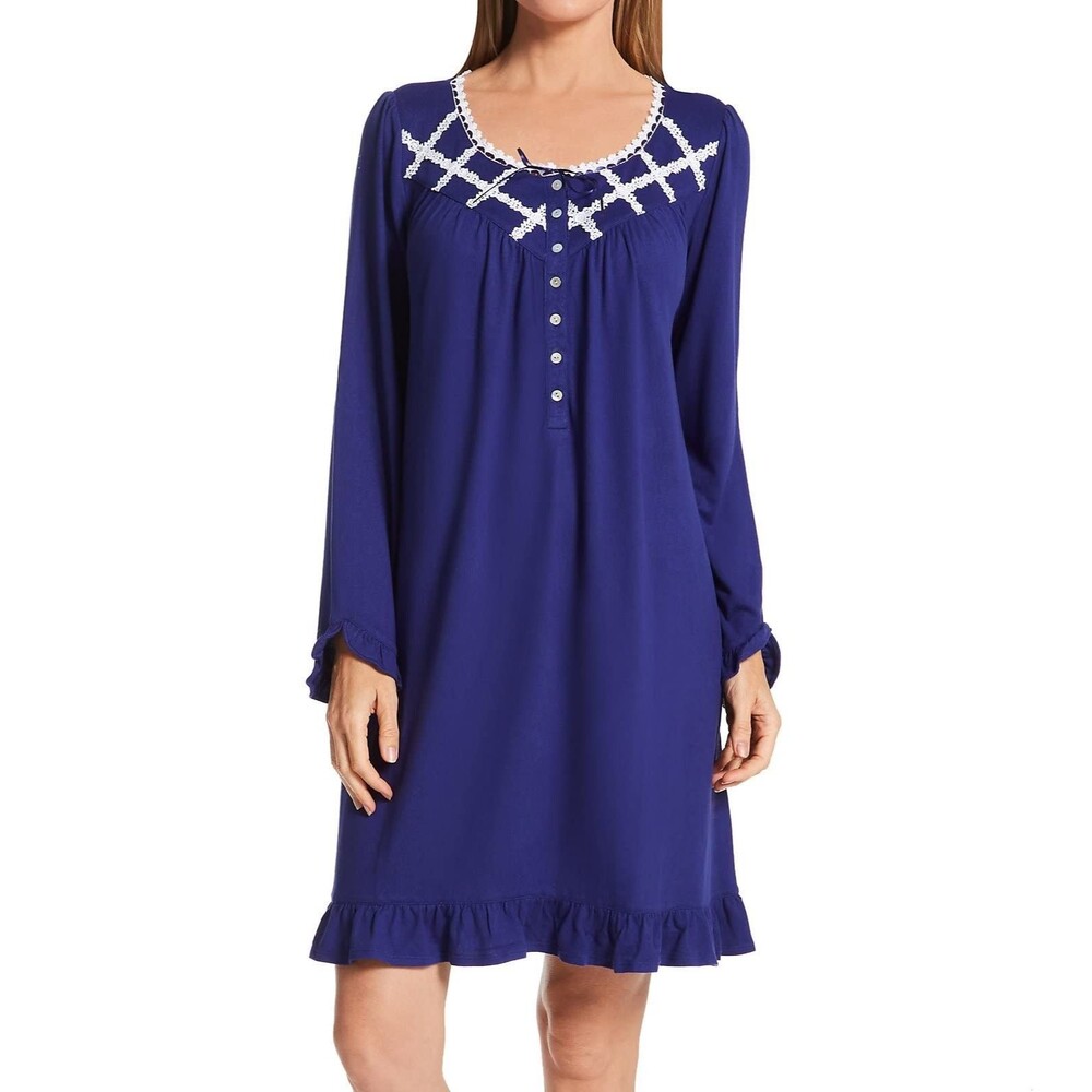 Eileen West Long Sleeve Sweater Knit Gown Women's M Navy Blue Lace Ruffle